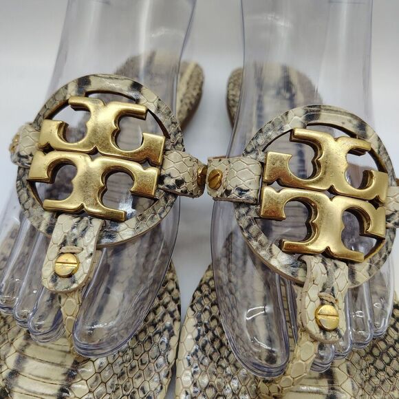 Tory Burch Miller Snakeskin Print Thong Sandals Gold Logo Size 6.5 - Picture 2 of 8